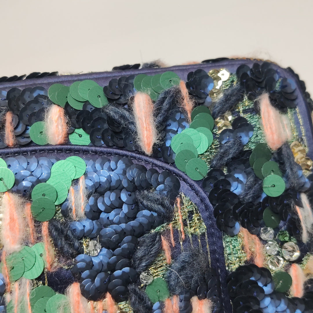 Chanel Sequin Pink Green Navy Medium Flap Bag Gold Hardware