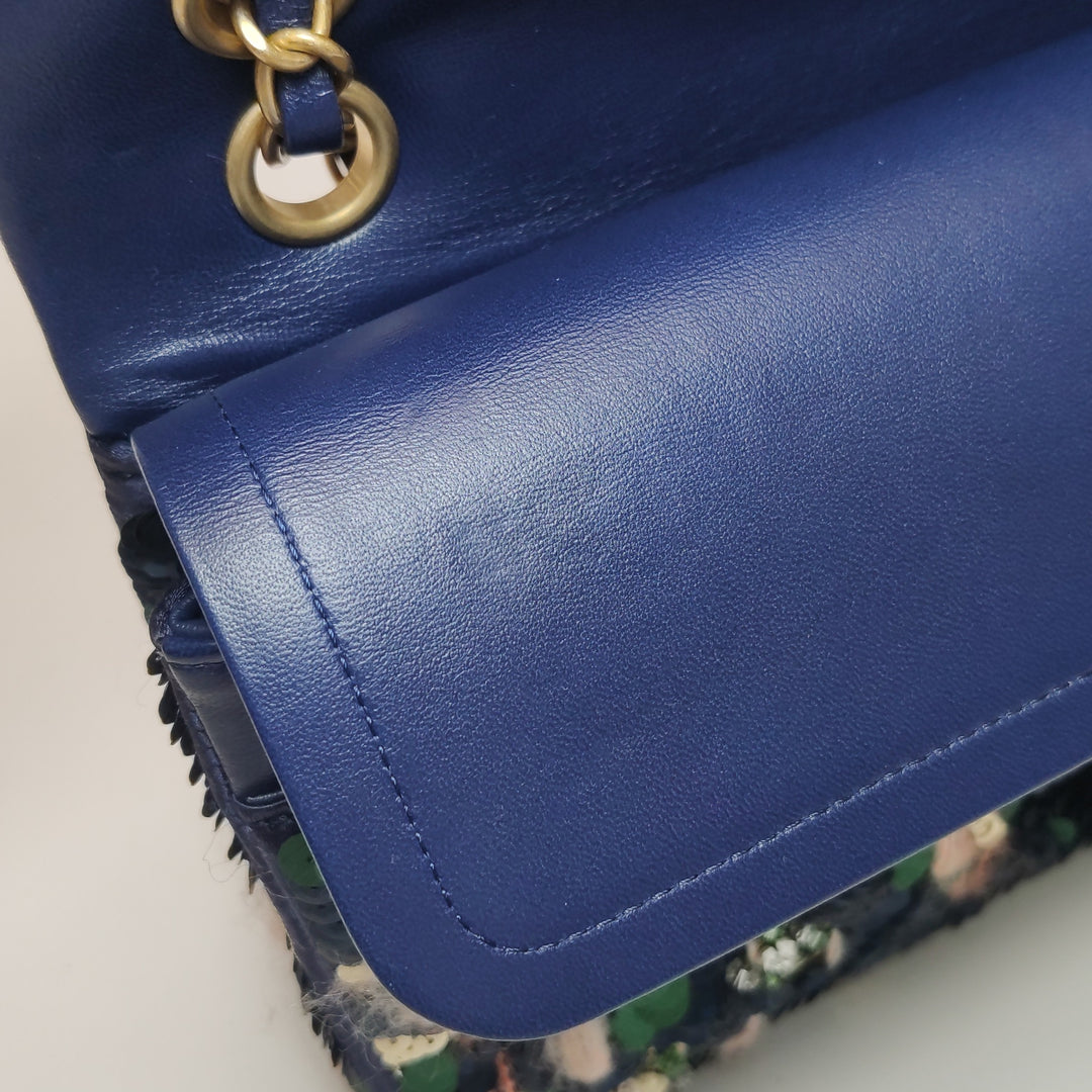 Chanel Sequin Pink Green Navy Medium Flap Bag Gold Hardware