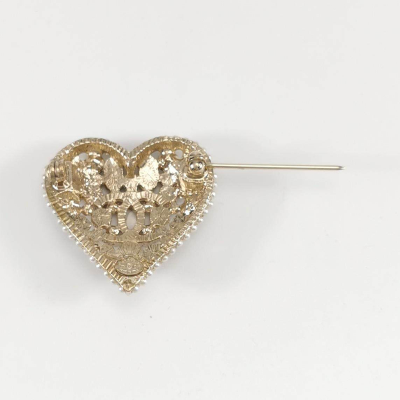 Chanel Enamel Crystal Pearl Heart Cutout Brooch