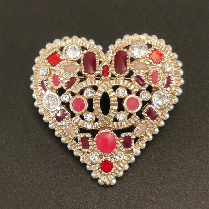 Chanel Enamel Crystal Pearl Heart Cutout Brooch
