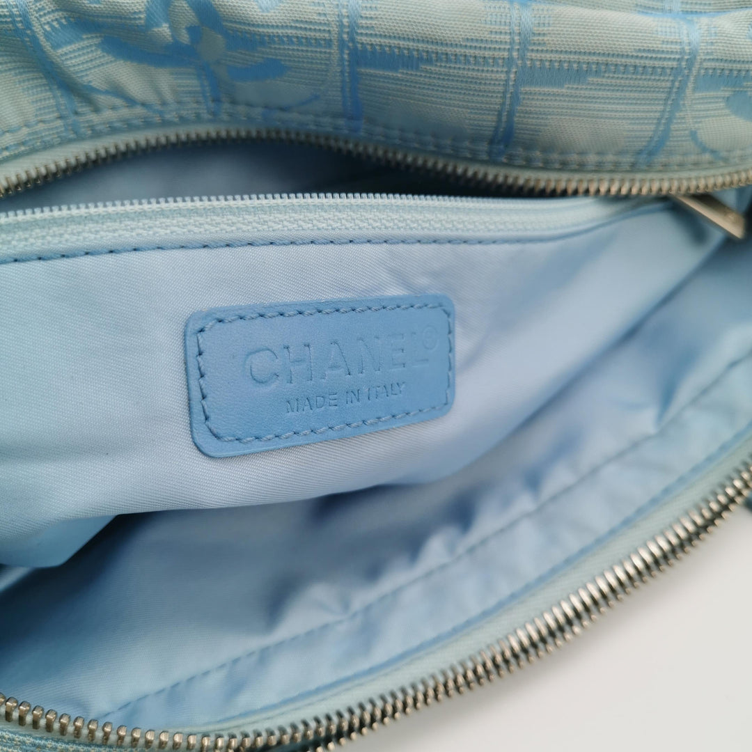 Chanel New Travel Ligne Small Bowler Tote Bag Jacquard Blue Silver Hardware