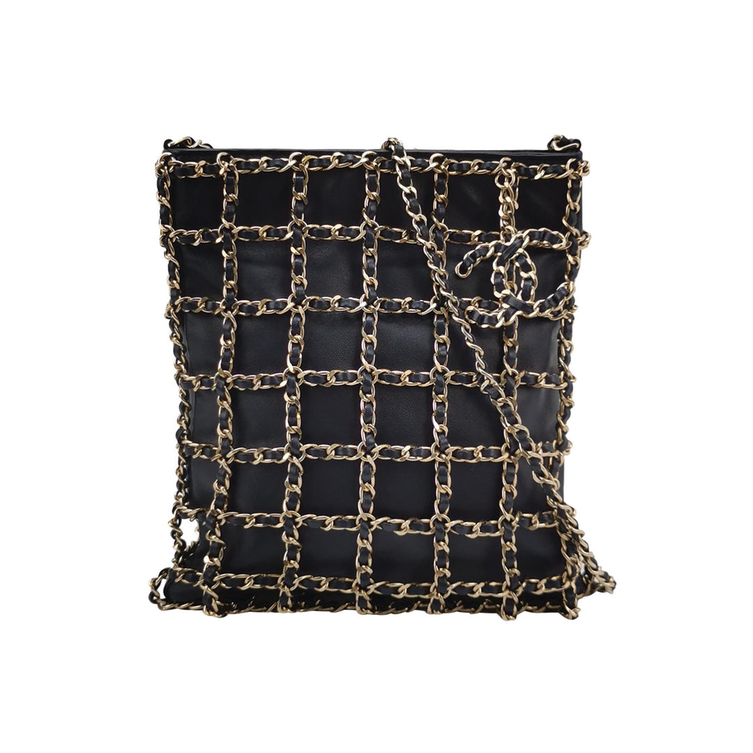 Chanel Shopping Chain Tote Lambskin Black Gold Chain