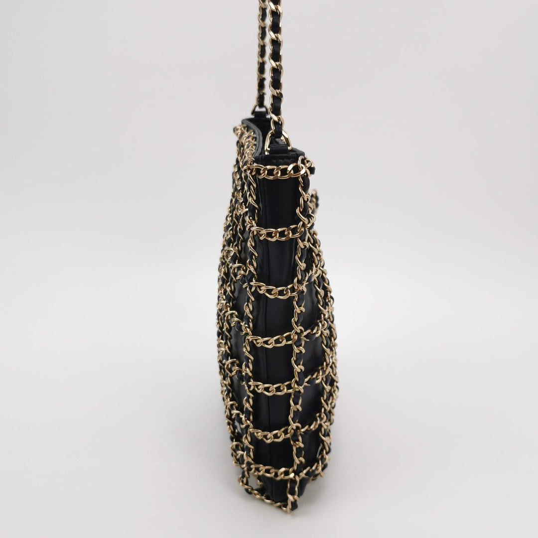 Chanel Shopping Chain Tote Lambskin Black Gold Chain