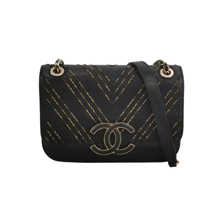Chanel Chevron Subtle Flap Bag Black Gold Detail