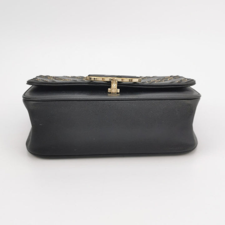 Chanel Chevron Subtle Flap Bag Black Gold Detail
