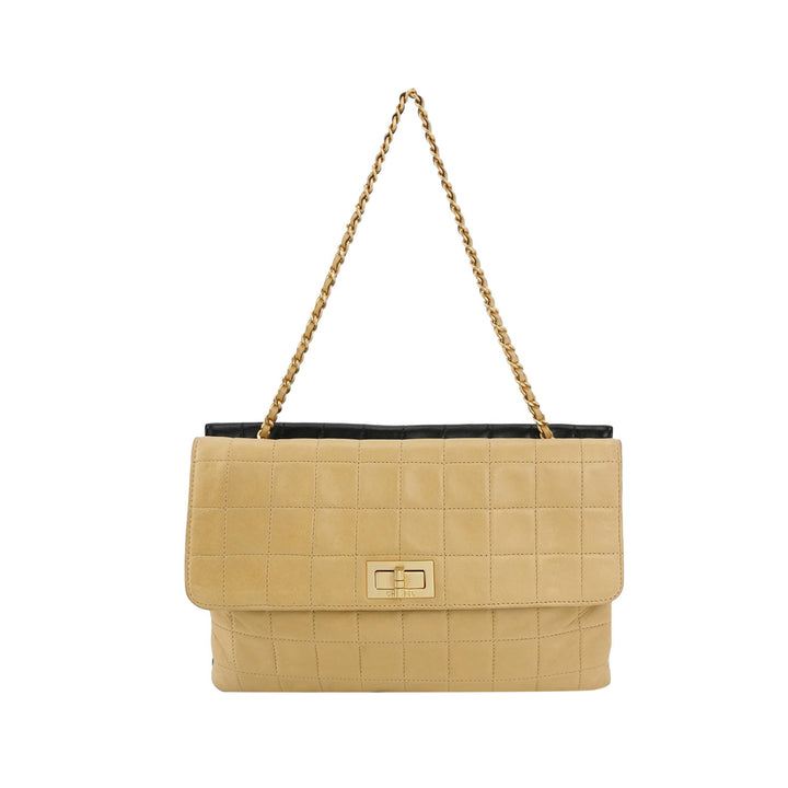 Chanel 2.55 Reissue Two-Tone Square Quilted Flap Bag Medium Lambskin Beige Black Gold Hardware