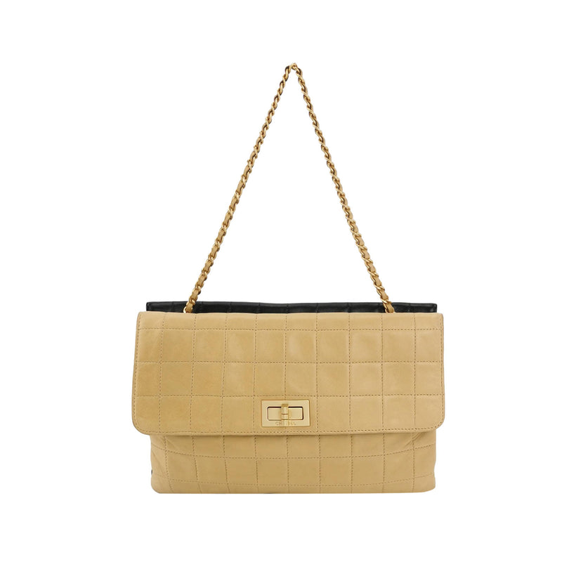 Chanel 2.55 Reissue Two-Tone Square Quilted Flap Bag Medium Lambskin Beige Black Gold Hardware