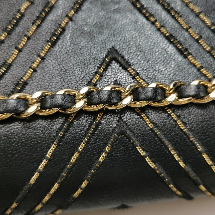 Chanel Chevron Subtle Flap Bag Black Gold Detail