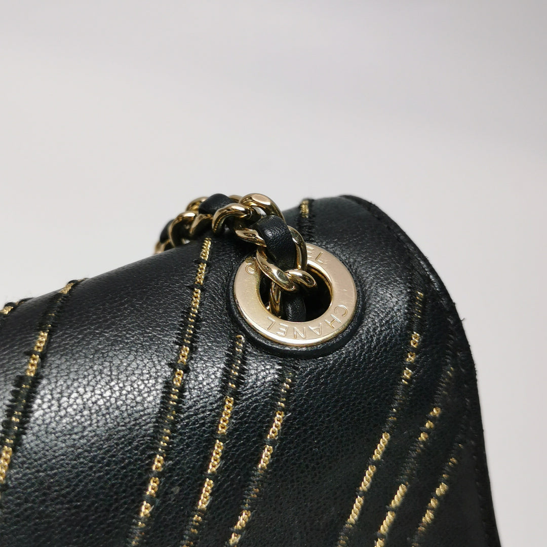 Chanel Chevron Subtle Flap Bag Black Gold Detail