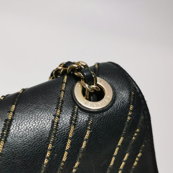 Chanel Chevron Subtle Flap Bag Black Gold Detail