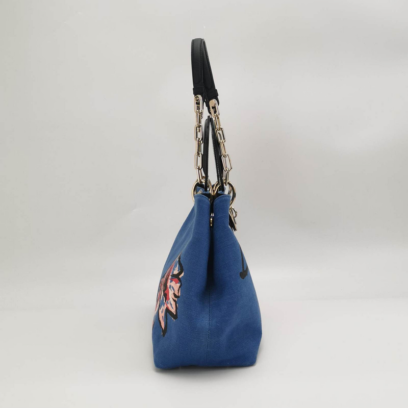 Dior D Light Canvas Chain Tote Bag In Blue Flower Print