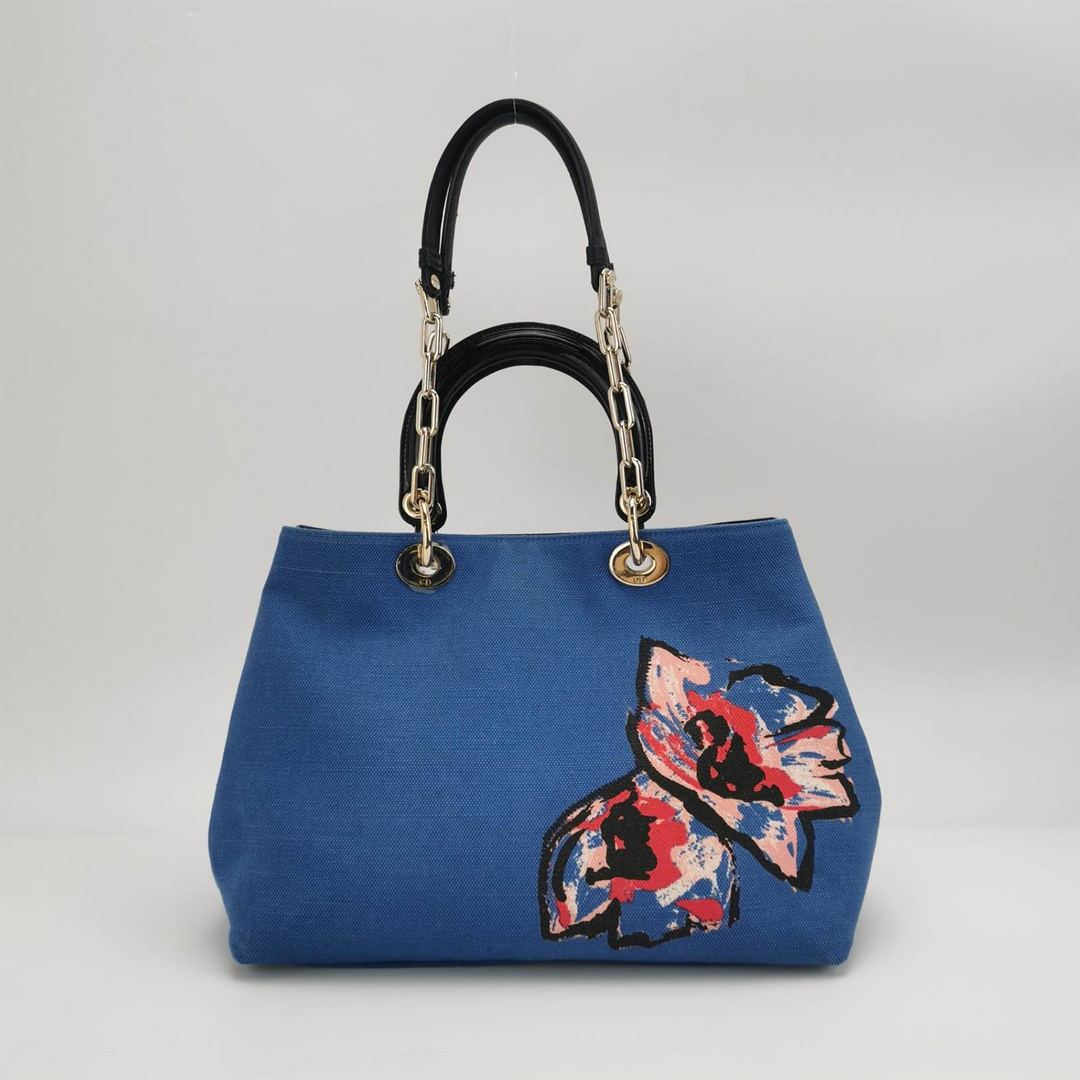 Dior D Light Canvas Chain Tote Bag In Blue Flower Print
