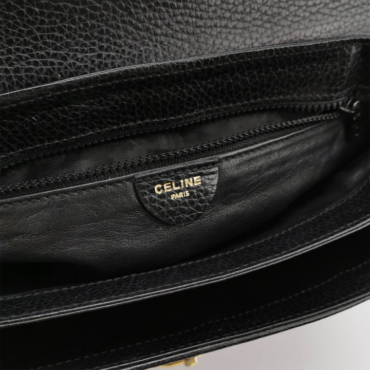 Celine Vintage Top Handle Bag In Black Leather Gold Hardware