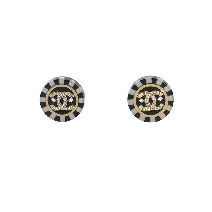Chanel Gold Black CC Crystal Pattern Earrings