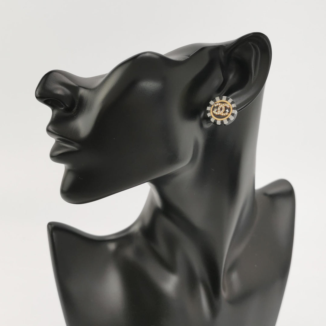 Chanel Gold Black CC Crystal Pattern Earrings