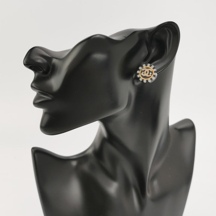 Chanel Gold Black CC Crystal Pattern Earrings
