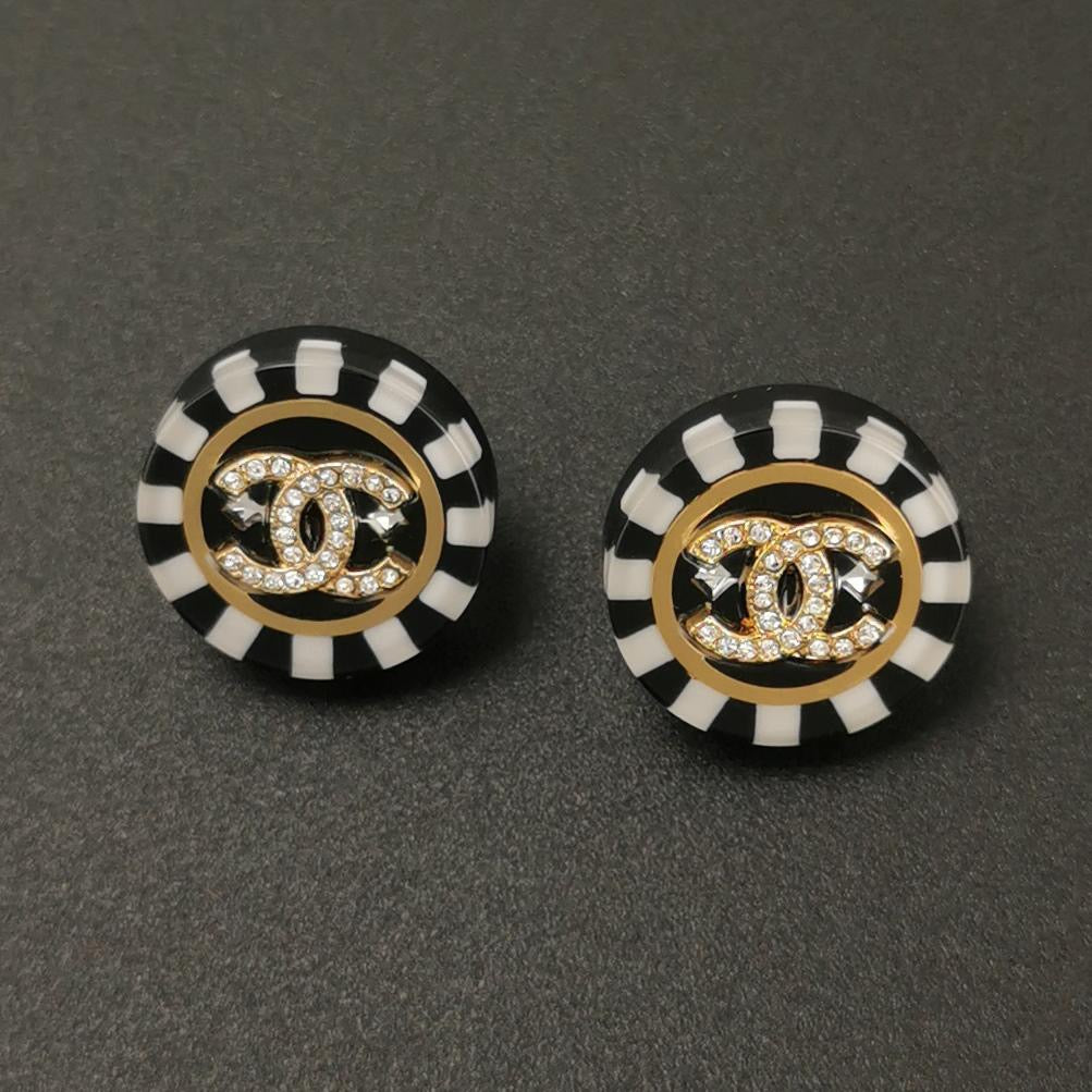 Chanel Gold Black CC Crystal Pattern Earrings