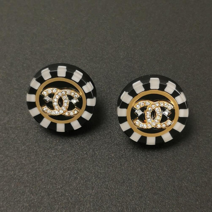 Chanel Gold Black CC Crystal Pattern Earrings