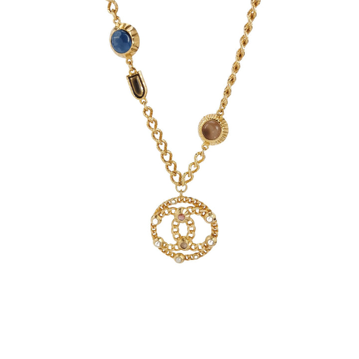 Chanel Rare Runway CC Logo Dangle Gold Multi Colour Stones Necklace