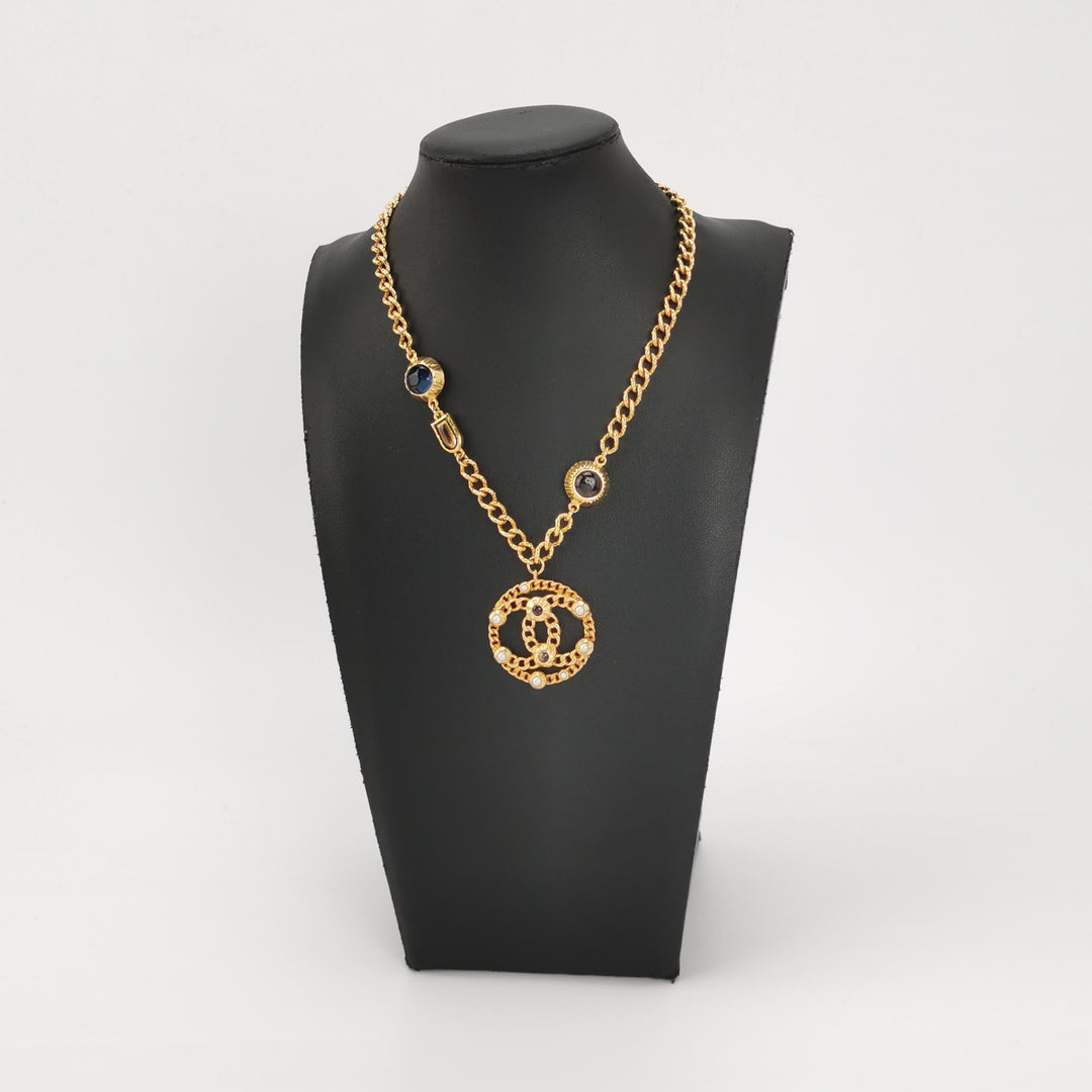 Chanel Rare Runway CC Logo Dangle Gold Multi Colour Stones Necklace