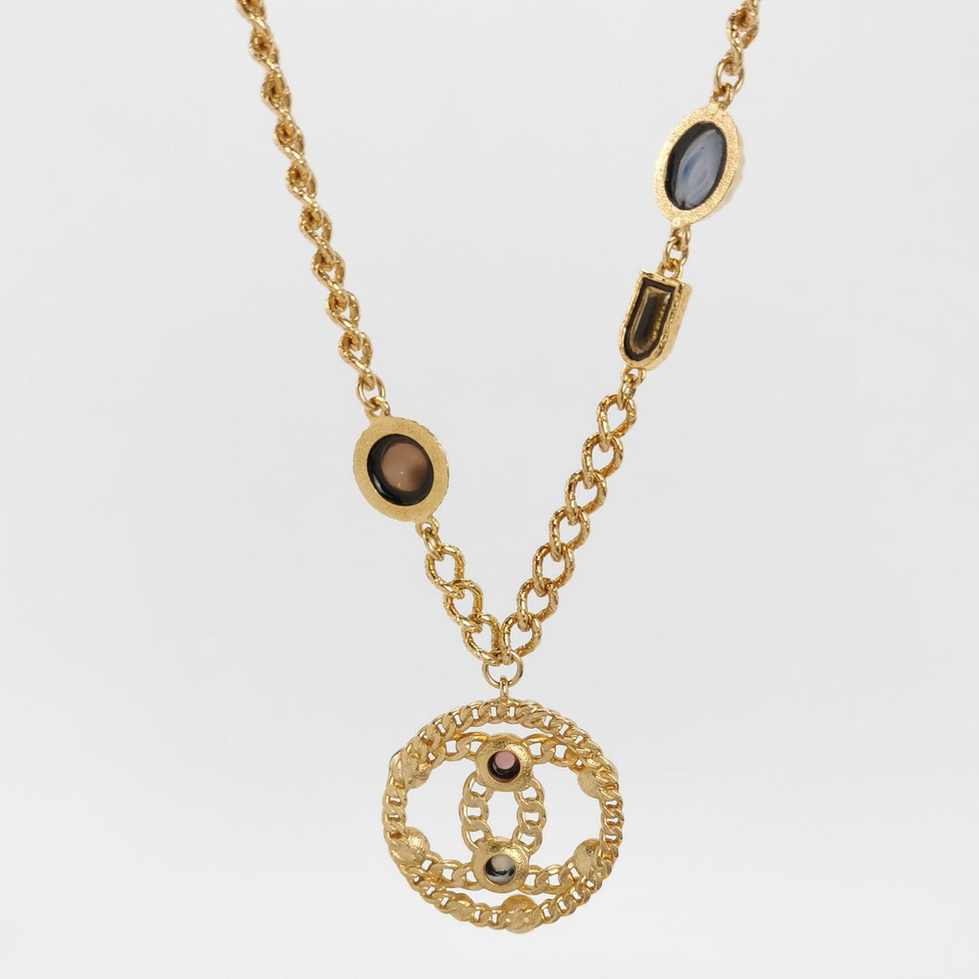 Chanel Rare Runway CC Logo Dangle Gold Multi Colour Stones Necklace