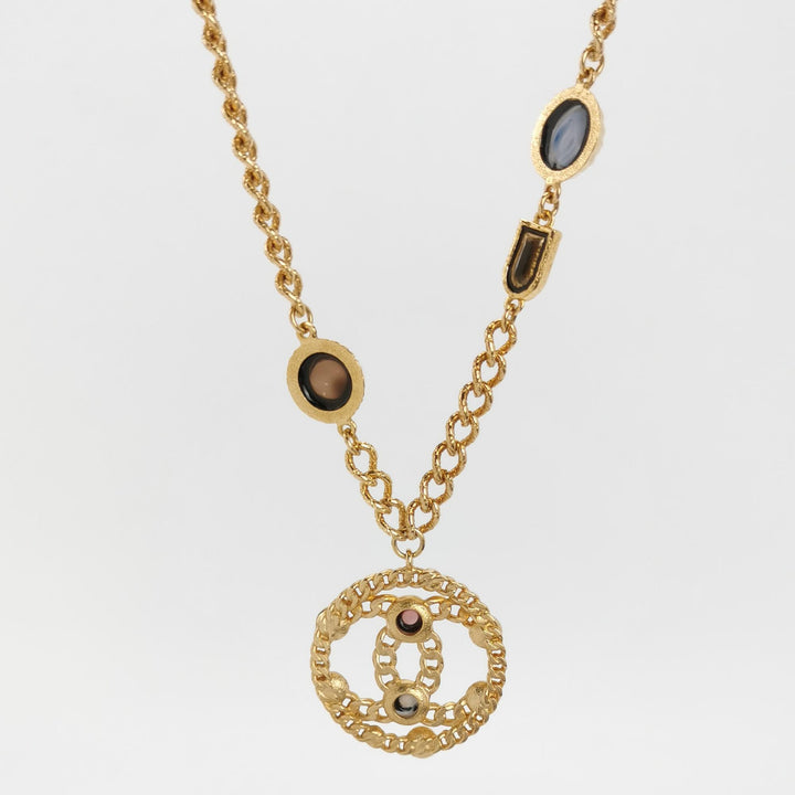 Chanel Rare Runway CC Logo Dangle Gold Multi Colour Stones Necklace