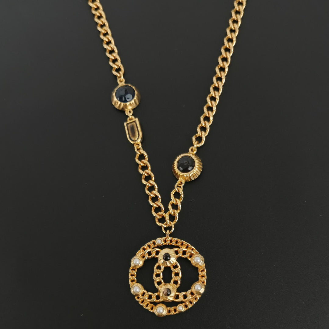 Chanel Rare Runway CC Logo Dangle Gold Multi Colour Stones Necklace