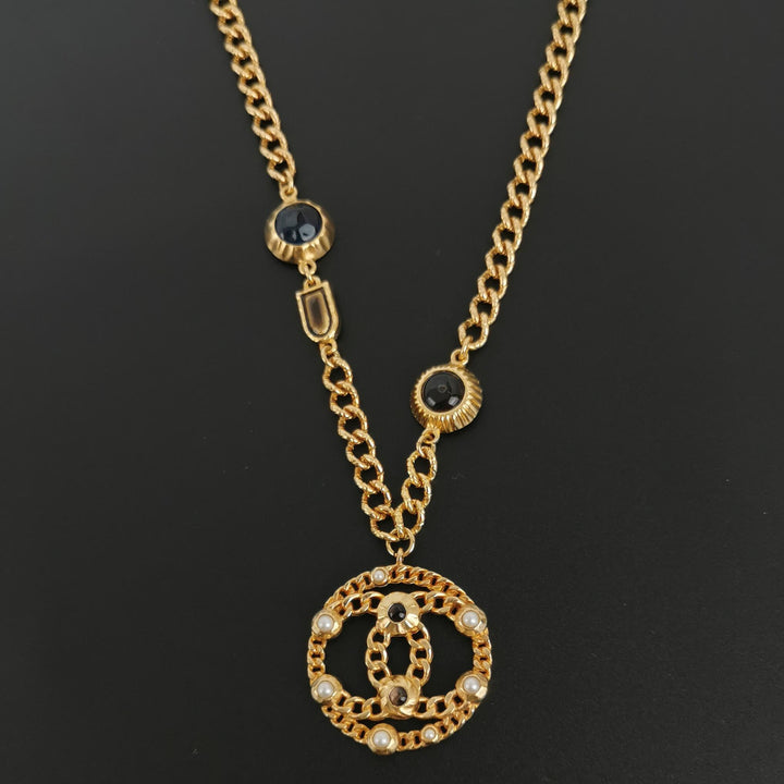 Chanel Rare Runway CC Logo Dangle Gold Multi Colour Stones Necklace
