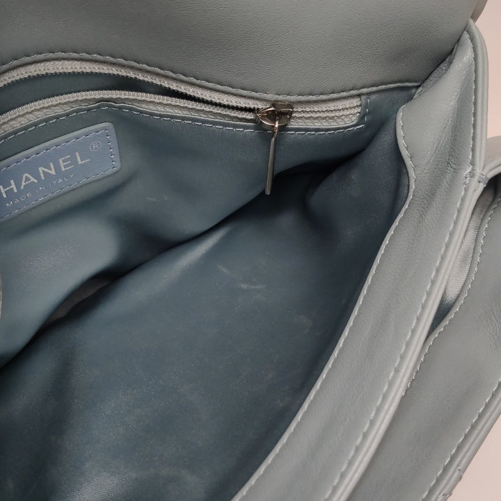 Chanel Half Moon Flap Bag Medium Lambskin Baby Blue Silver Hardware