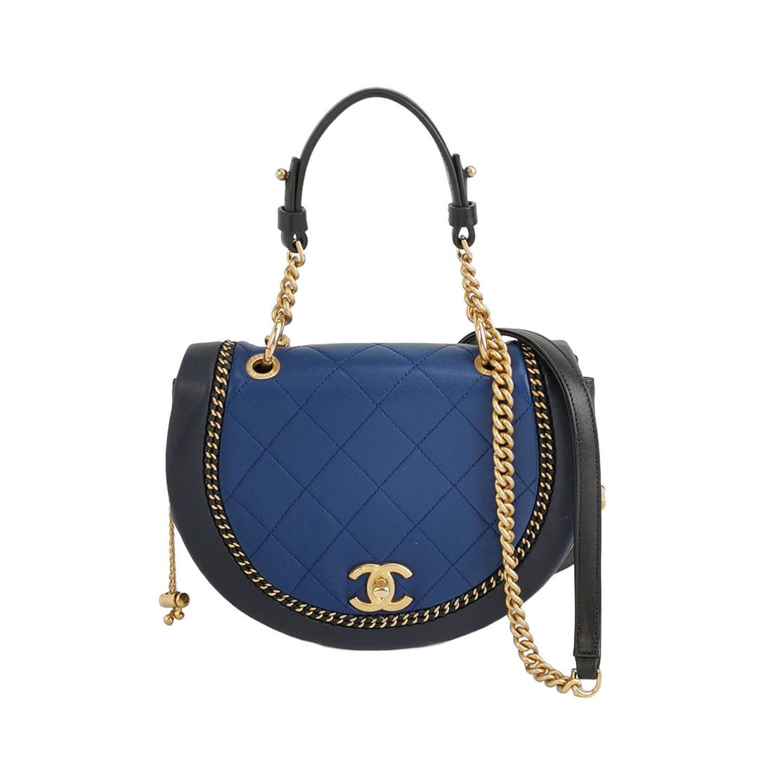 Chanel Saddle Bag Blue Black Leather with Chain Detail