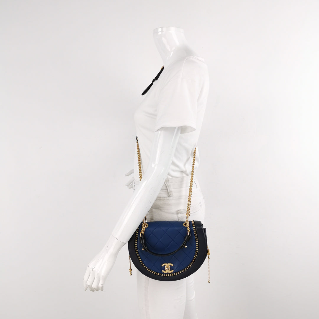 Chanel Saddle Bag Blue Black Leather with Chain Detail