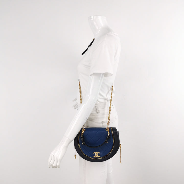 Chanel Saddle Bag Blue Black Leather with Chain Detail