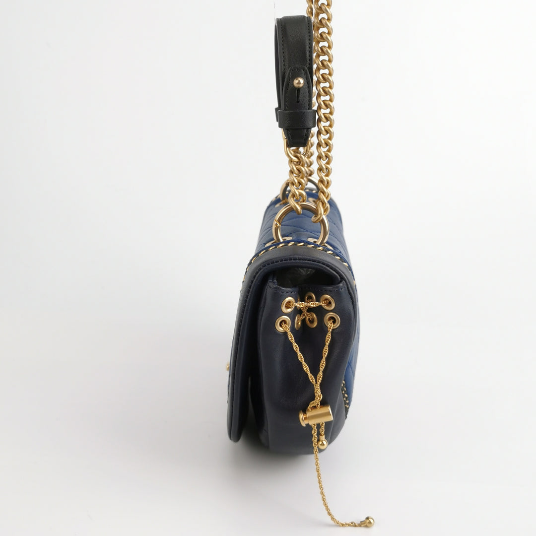 Chanel Saddle Bag Blue Black Leather with Chain Detail