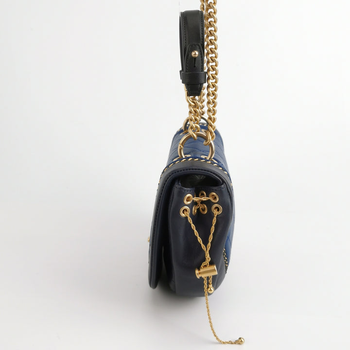 Chanel Saddle Bag Blue Black Leather with Chain Detail