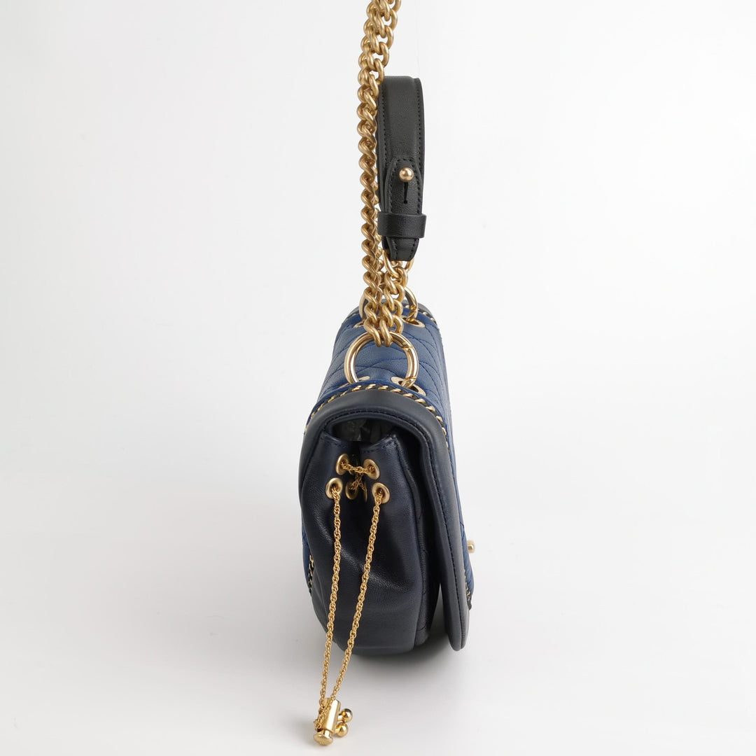 Chanel Saddle Bag Blue Black Leather with Chain Detail