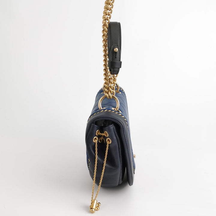 Chanel Saddle Bag Blue Black Leather with Chain Detail