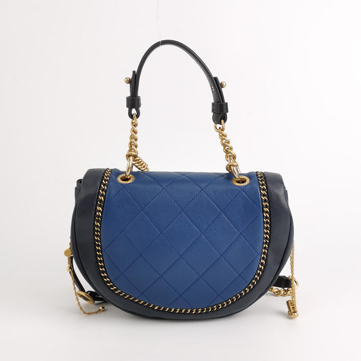 Chanel Saddle Bag Blue Black Leather with Chain Detail