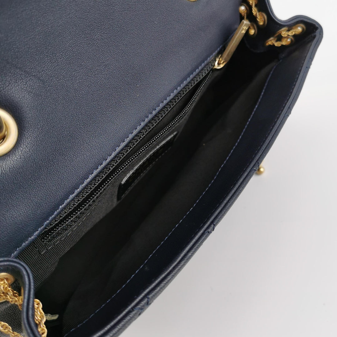 Chanel Saddle Bag Blue Black Leather with Chain Detail