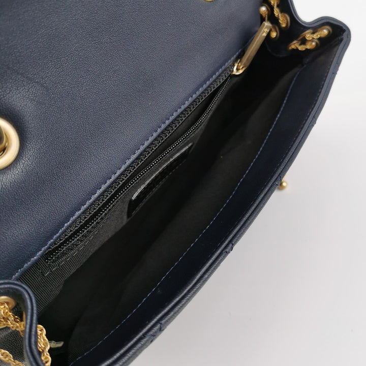 Chanel Saddle Bag Blue Black Leather with Chain Detail