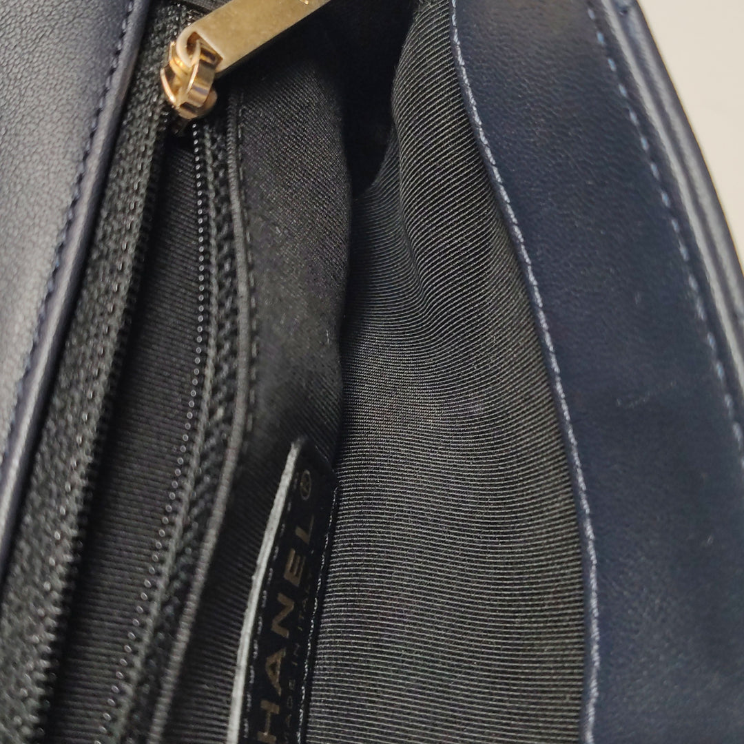 Chanel Saddle Bag Blue Black Leather with Chain Detail