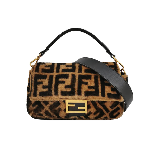 Fendi Shearling Zucca Logo Baguette In Brown