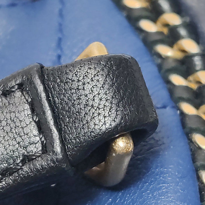 Chanel Saddle Bag Blue Black Leather with Chain Detail