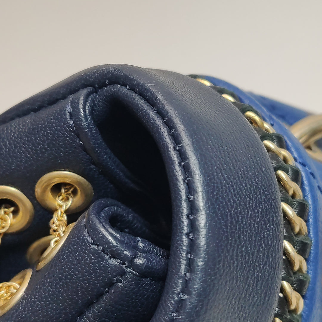 Chanel Saddle Bag Blue Black Leather with Chain Detail