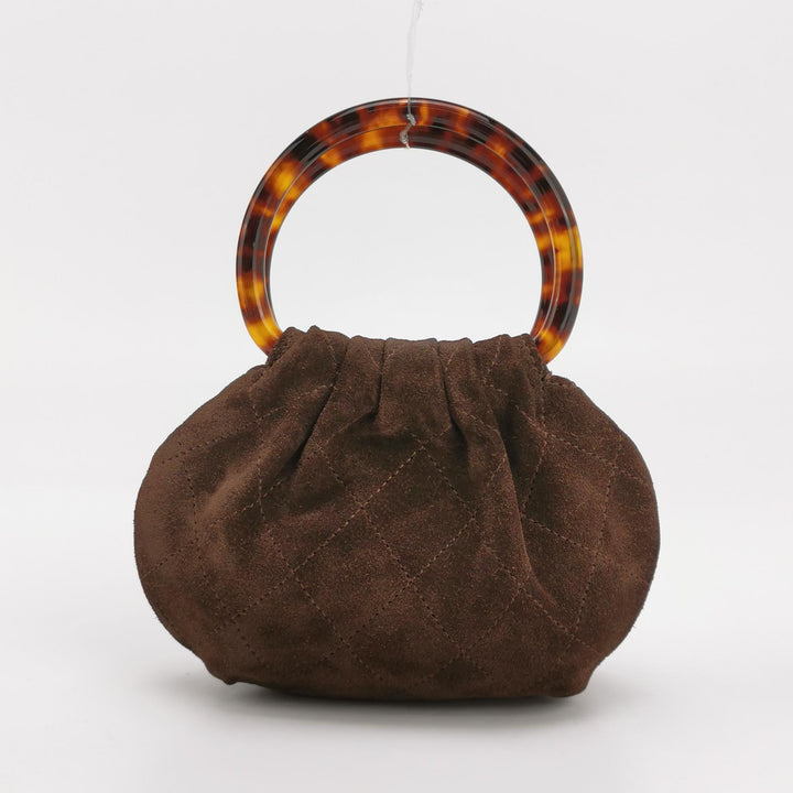 Chanel Plexiglass Tortoise Shell Handle Quilted Pouch Mini Suede Dark Brown