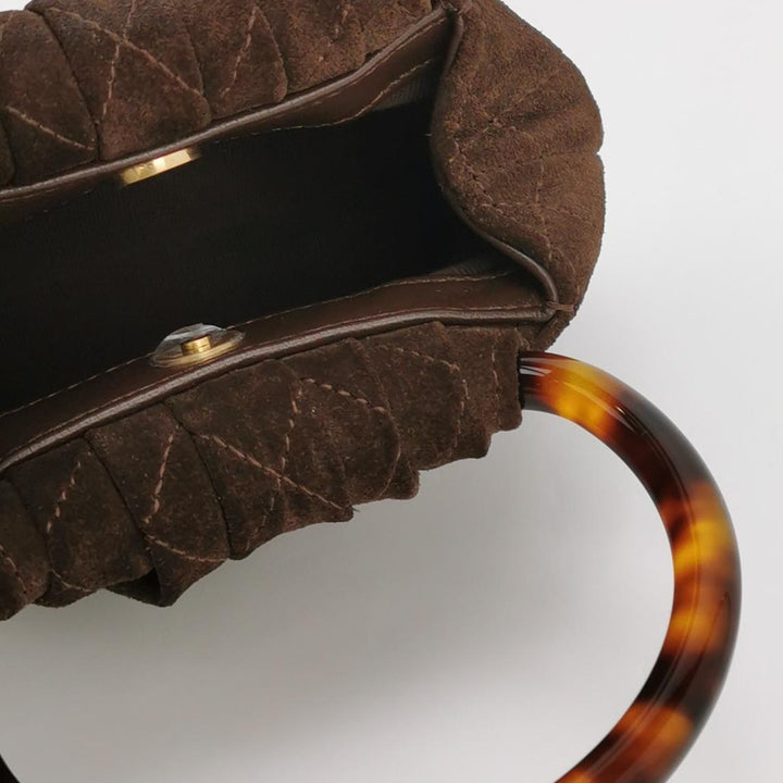Chanel Plexiglass Tortoise Shell Handle Quilted Pouch Mini Suede Dark Brown