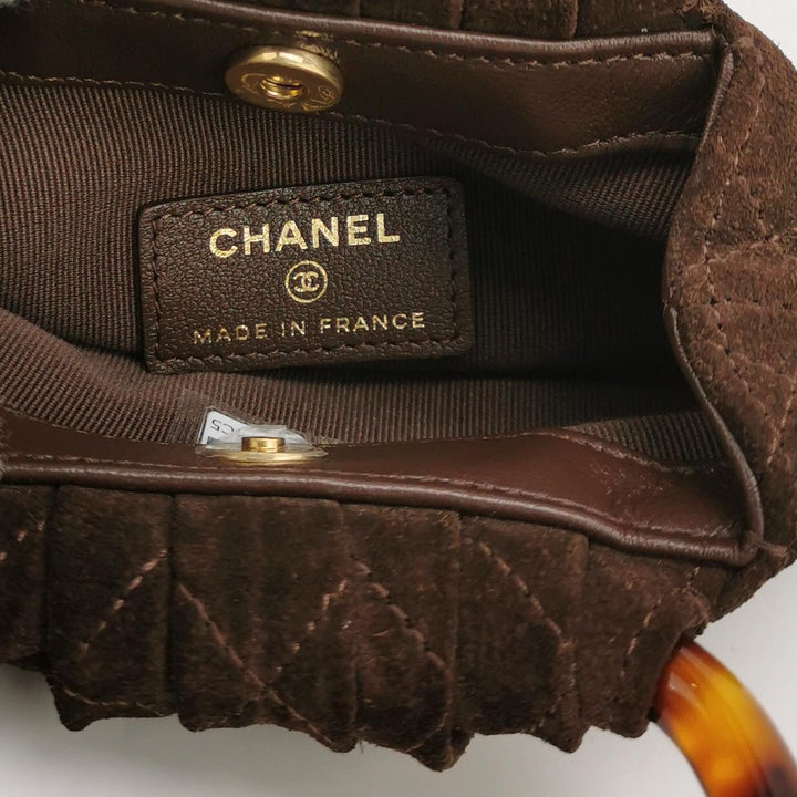 Chanel Plexiglass Tortoise Shell Handle Quilted Pouch Mini Suede Dark Brown