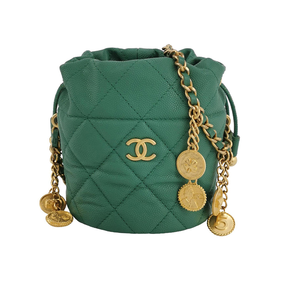 Chanel Medallion Charms Drawstring Bucket Bag Mini Quilted Caviar Green Gold Hardware