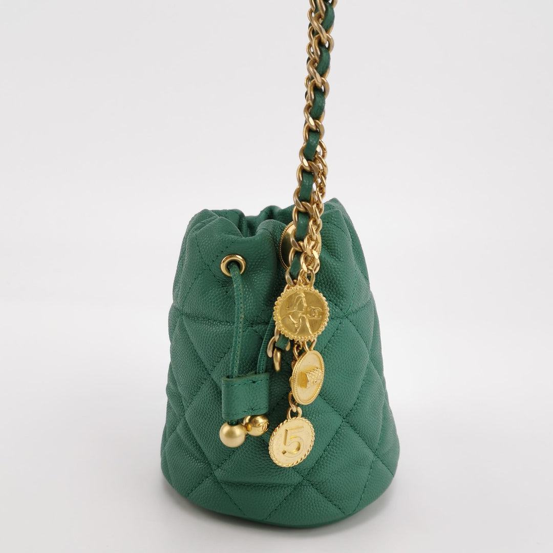 Chanel Medallion Charms Drawstring Bucket Bag Mini Quilted Caviar Green Gold Hardware