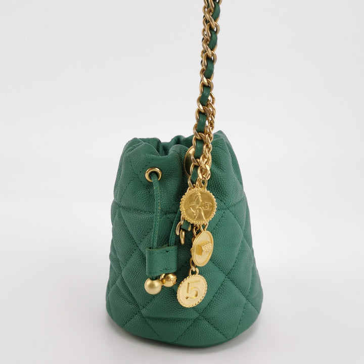 Chanel Medallion Charms Drawstring Bucket Bag Mini Quilted Caviar Green Gold Hardware