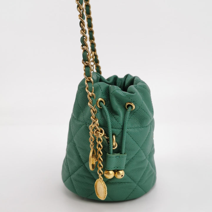 Chanel Medallion Charms Drawstring Bucket Bag Mini Quilted Caviar Green Gold Hardware